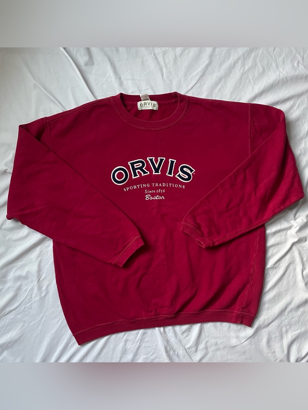 Vintage Orvis Men’s Red Logo Embroidered Crewneck Fleece Pullover Sweatshirt